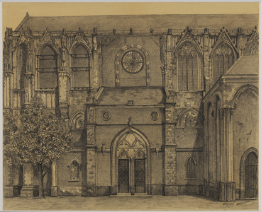28663 Gezicht op de westgevel van de Domkerk op het Domplein te Utrecht uit het westen, vóór de restauratie.